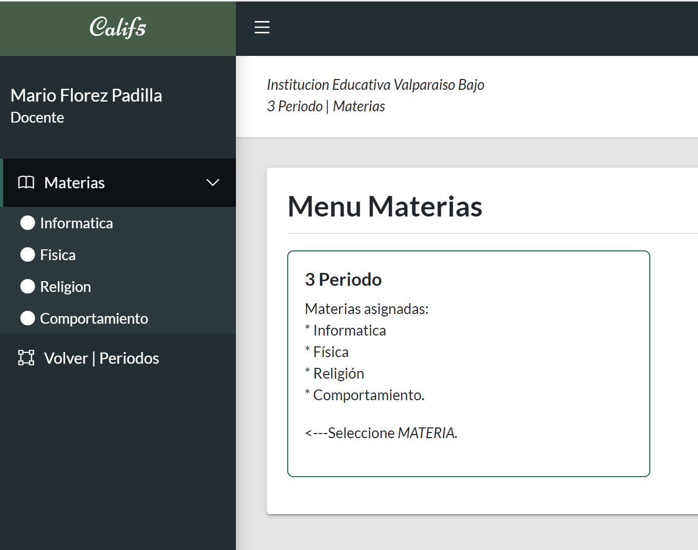 Vista del panel principal